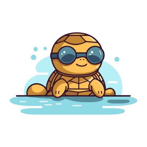 Cute little turtle in sunglasses. Sea animal. Vector illustratio