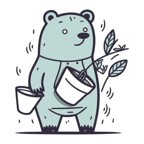 Cute bear with a watering can and a bucket. Vector illustration.