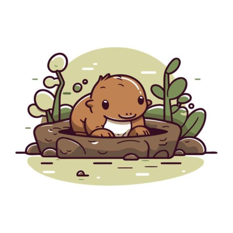 Cute hamster in a hole in the ground. Vector illustration.