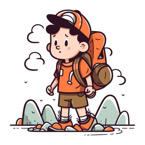 Hiking boy with backpack. Vector illustration in doodle style