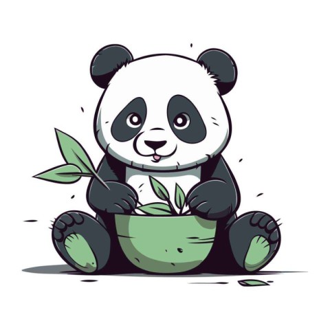 Cute panda sitting in a pot with green leaves. Vector illustrati