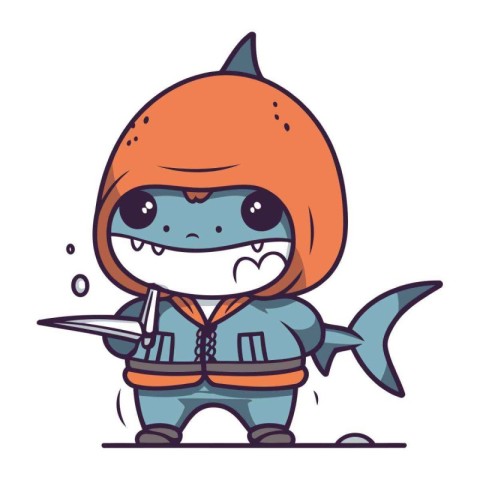 Cute cartoon killer shark holding sword and shield. Vector illus