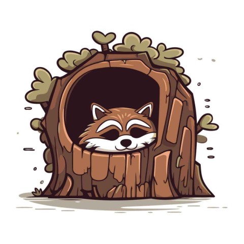 Raccoon in a hole in the tree. Vector illustration.