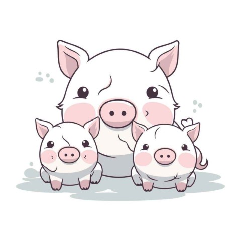 Illustration of cute pig family with three piglets. Vector illus