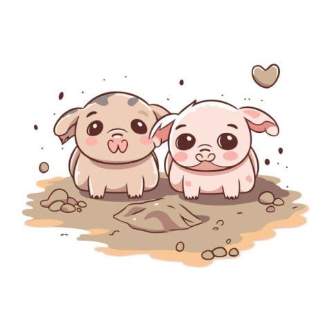 Cute pig and piggy in the mud. Vector illustration.