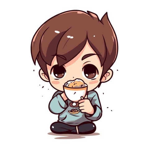 Illustration of a Cute Little Boy Eating a Cup of Coffee