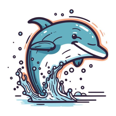 Dolphin jumping out of water. Vector illustration in doodle styl