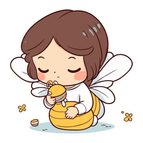 Illustration of a Little Girl Holding a Honey Bee and a Honeycom