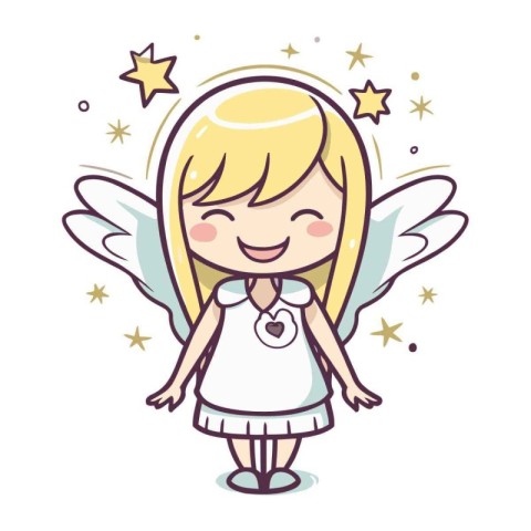 Cute little angel with wings and stars. Vector illustration in c