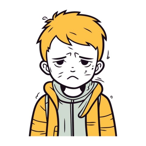 Illustration of a boy in a yellow jacket with a sad expression