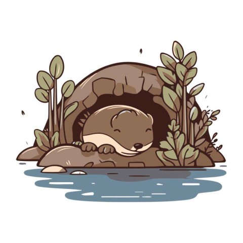 Cute little otter in the cave. Cartoon vector illustration.