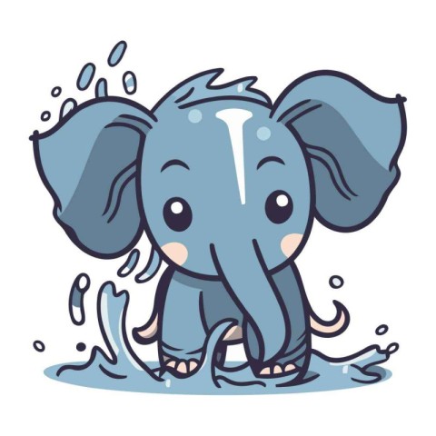 Cute cartoon elephant with splashes of water. Vector illustratio