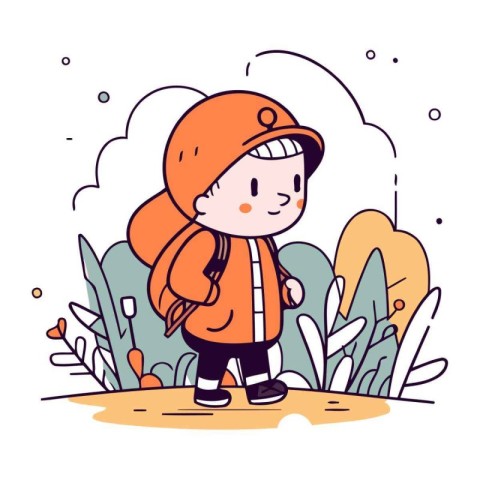 Cute little girl in warm clothes walking in the park. Vector ill