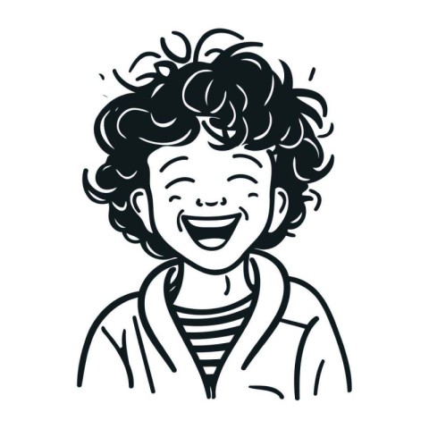 Vector black and white illustration of a smiling boy with curly