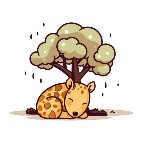 Cute cartoon giraffe sleeping under a tree. Vector illustration.