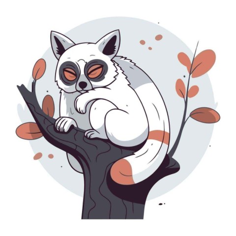 Cute cartoon lemur sitting on a tree branch. Vector illustration