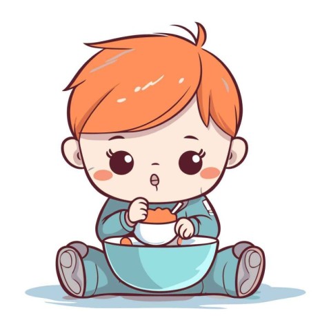 Cute little boy eating a bowl of cereals. Vector illustration.