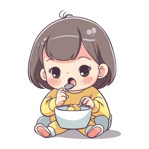 Cute little girl eating a bowl of cereal. Vector illustration.