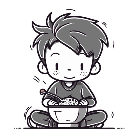 Illustration of a Kid Boy Eating a Bowl of Cereals.