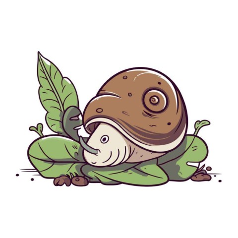 Cute cartoon snail with green leaves. Vector illustration isolat