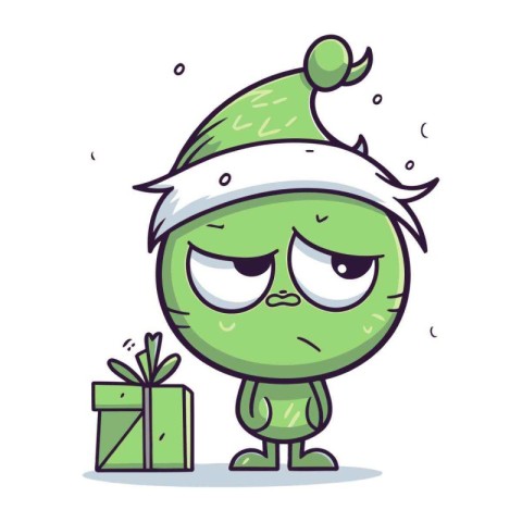 Funny cartoon green monster with christmas present. Vector illus