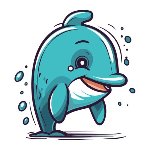 Cute cartoon dolphin with splashes of water. Vector illustration