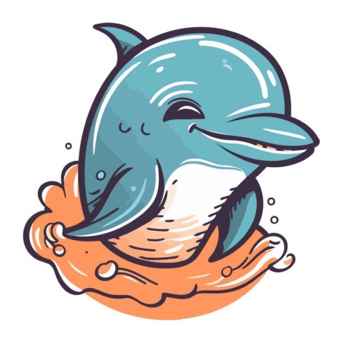 Cute cartoon dolphin jumping out of the water. Vector illustrati