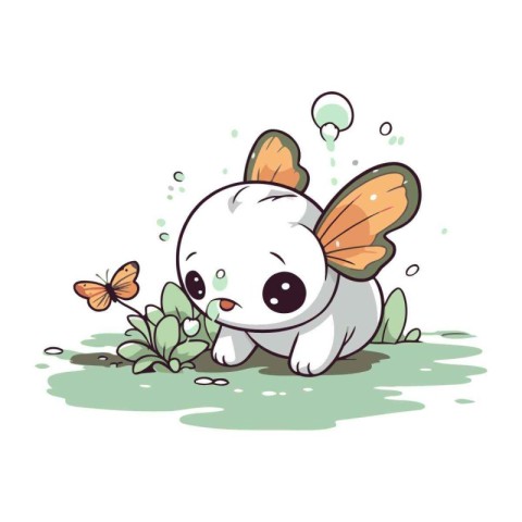 Cute cartoon panda with butterfly on grass. Vector illustration.