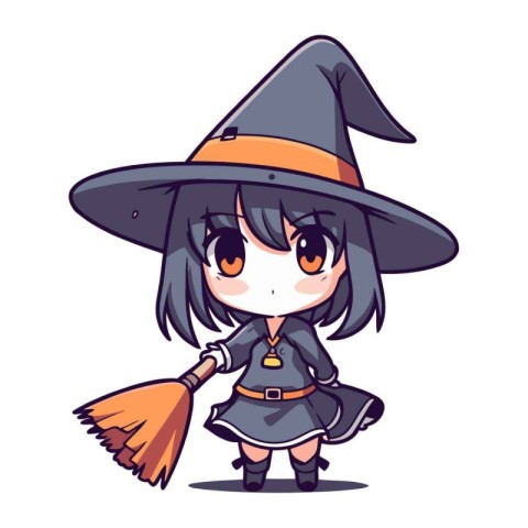 Cute cartoon witch with a broom in her hand. Vector illustration