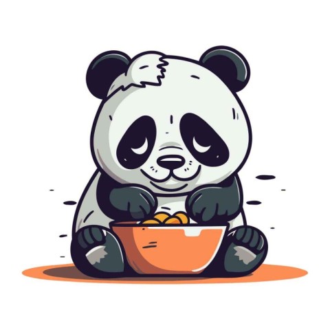 Cute panda with a bowl of food. Vector illustration.