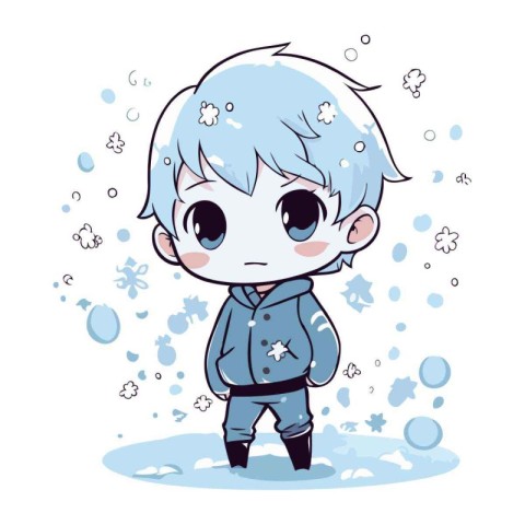 Cute Cartoon boy in winter clothes with snowflakes. Vector illus