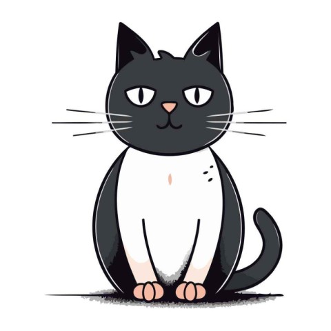 Cute cartoon black and white cat sitting on white background. Ve