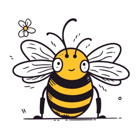 Cute cartoon bee with flower. Vector illustration isolated on wh