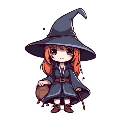 Cute little witch girl with hat and broom. Vector illustration.