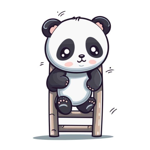 Cute cartoon panda sitting on wooden chair. Vector illustration.