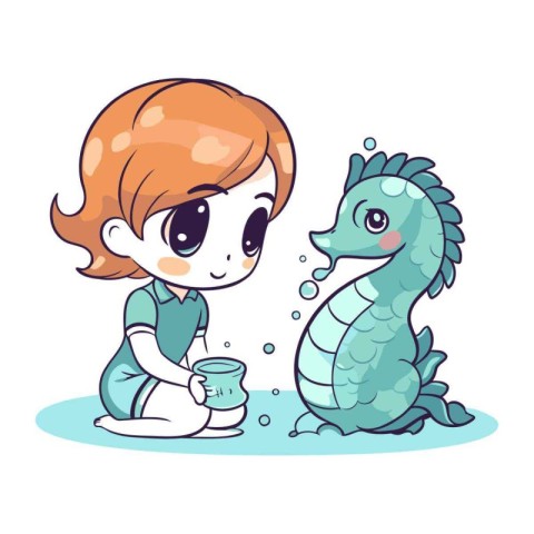 Illustration of a Little Girl Feeding Her Seahorse.