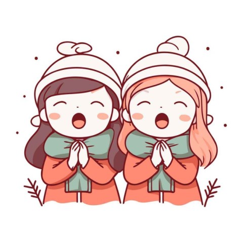 Cute little girls in winter clothes. Vector illustration in cart