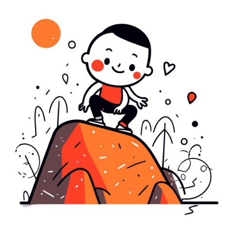 Cute cartoon boy sitting on the top of a mountain. vector illust