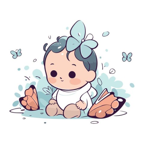 Cute little baby girl with butterfly wings and butterflies. Vect