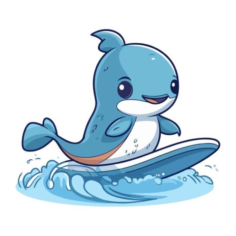 Illustration of a Cute Cartoon Blue Whale Surfing on Water