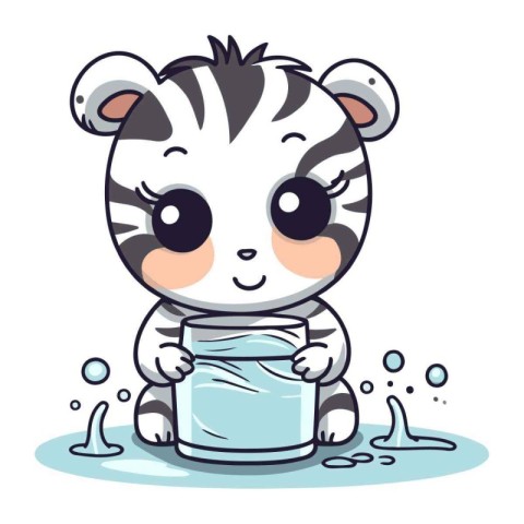 Cute kawaii zebra with a bucket of water.