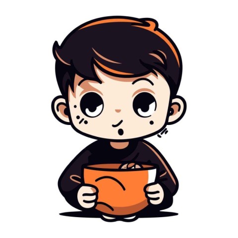 Cute little boy with a bowl of soup. Vector illustration.