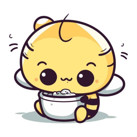 Cute cat with a bowl of food. Vector cartoon character illustrat