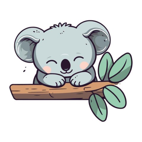 Cute koala on a branch with leaves. Vector illustration.