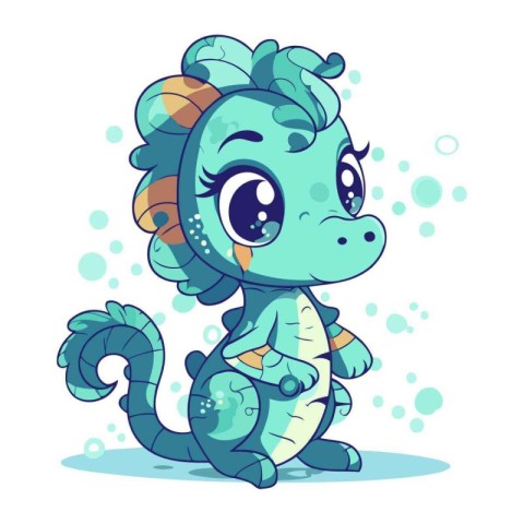 Cute cartoon little baby blue seahorse. Vector illustration.