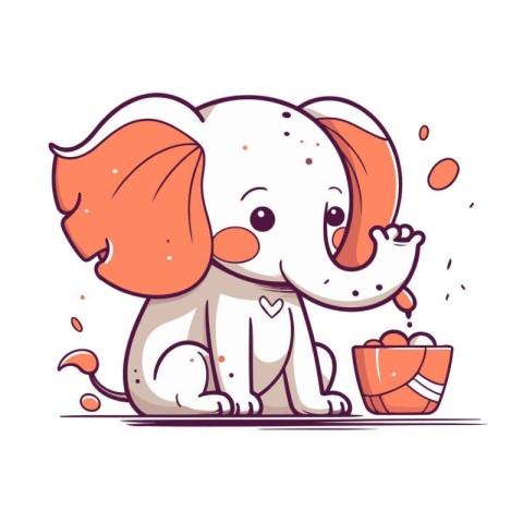 Cute cartoon elephant drinking milk from a bowl. Vector illustra