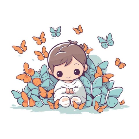 Cute little boy sitting on the ground surrounded by butterflies.