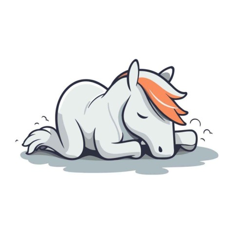 Cute cartoon white horse sleeping on the ground. Vector illustra