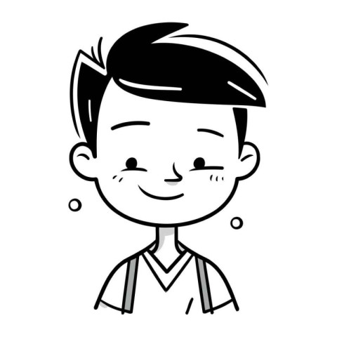 Black and White Cartoon Illustration of a Boy Smiling and Lookin