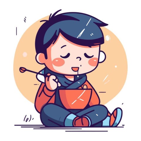 Cute little boy eating soup. Vector illustration in cartoon styl